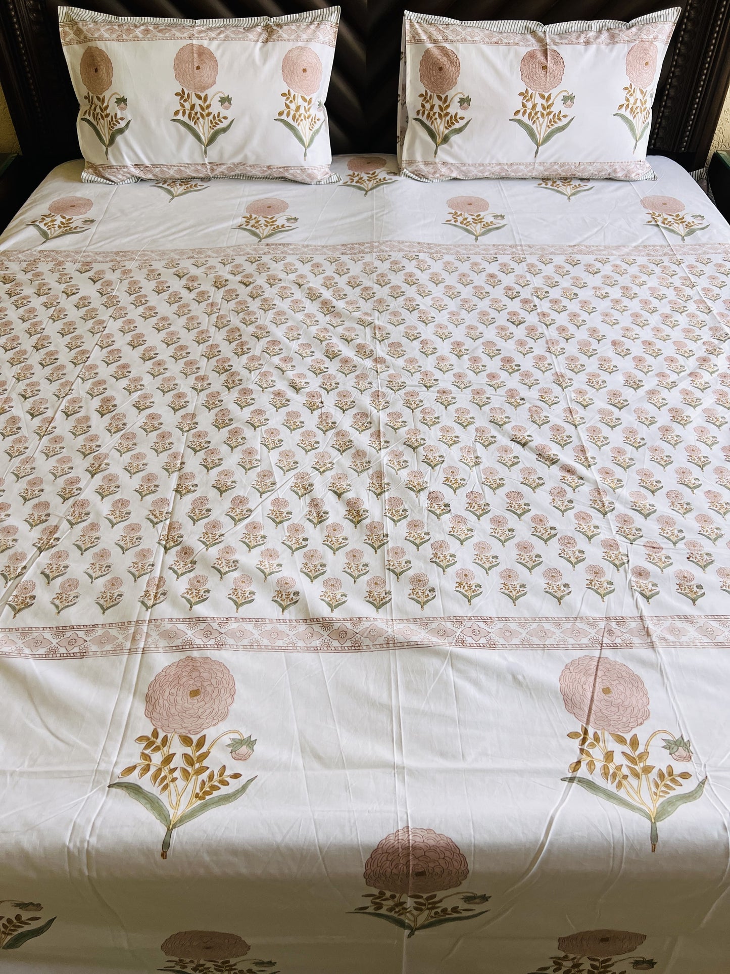 Pink Marigold Handblock Bedsheet