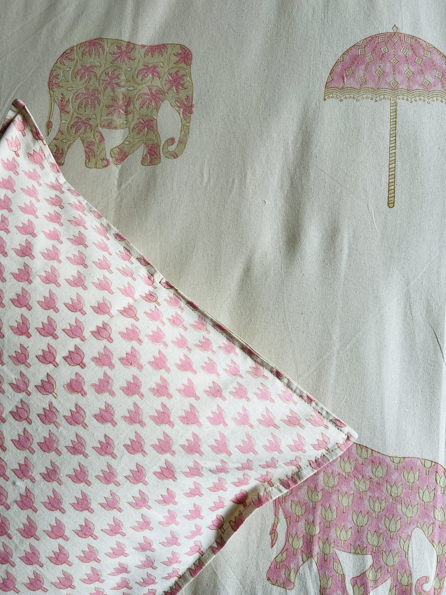 Beige Pink Elephant Handblock Bedsheet