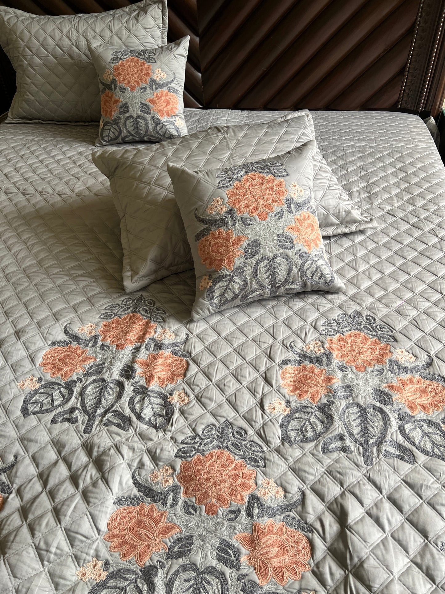 Rosaline Pearl Grey Embroidered Luxury Bedcover Set