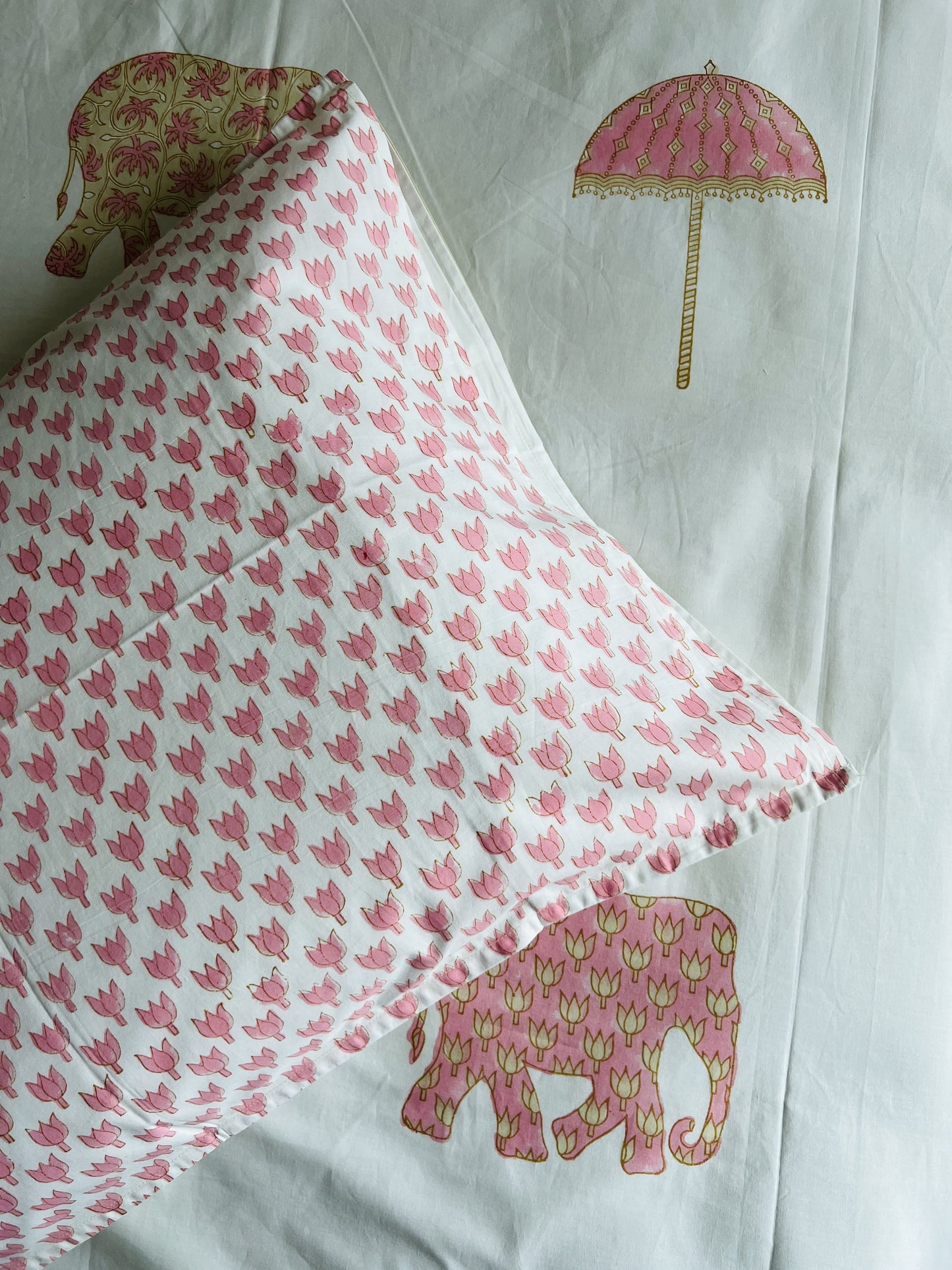 Pink Elephant Handblock Bedsheet