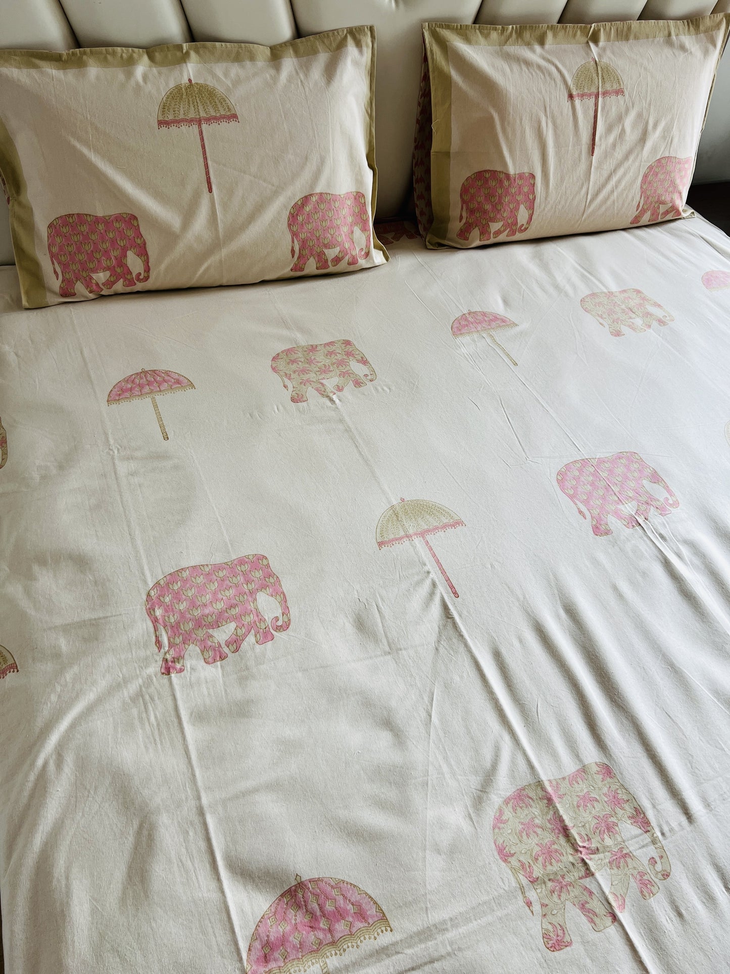 Beige Pink Elephant Handblock Bedsheet