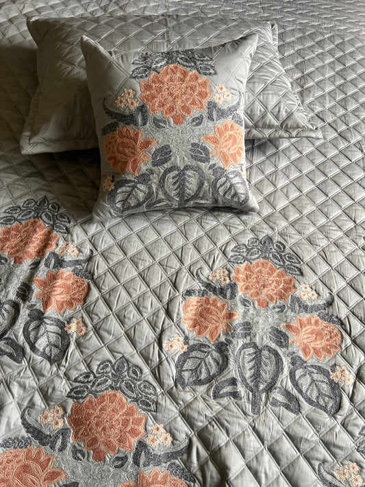 Rosaline Pearl Grey Embroidered Luxury Bedcover Set