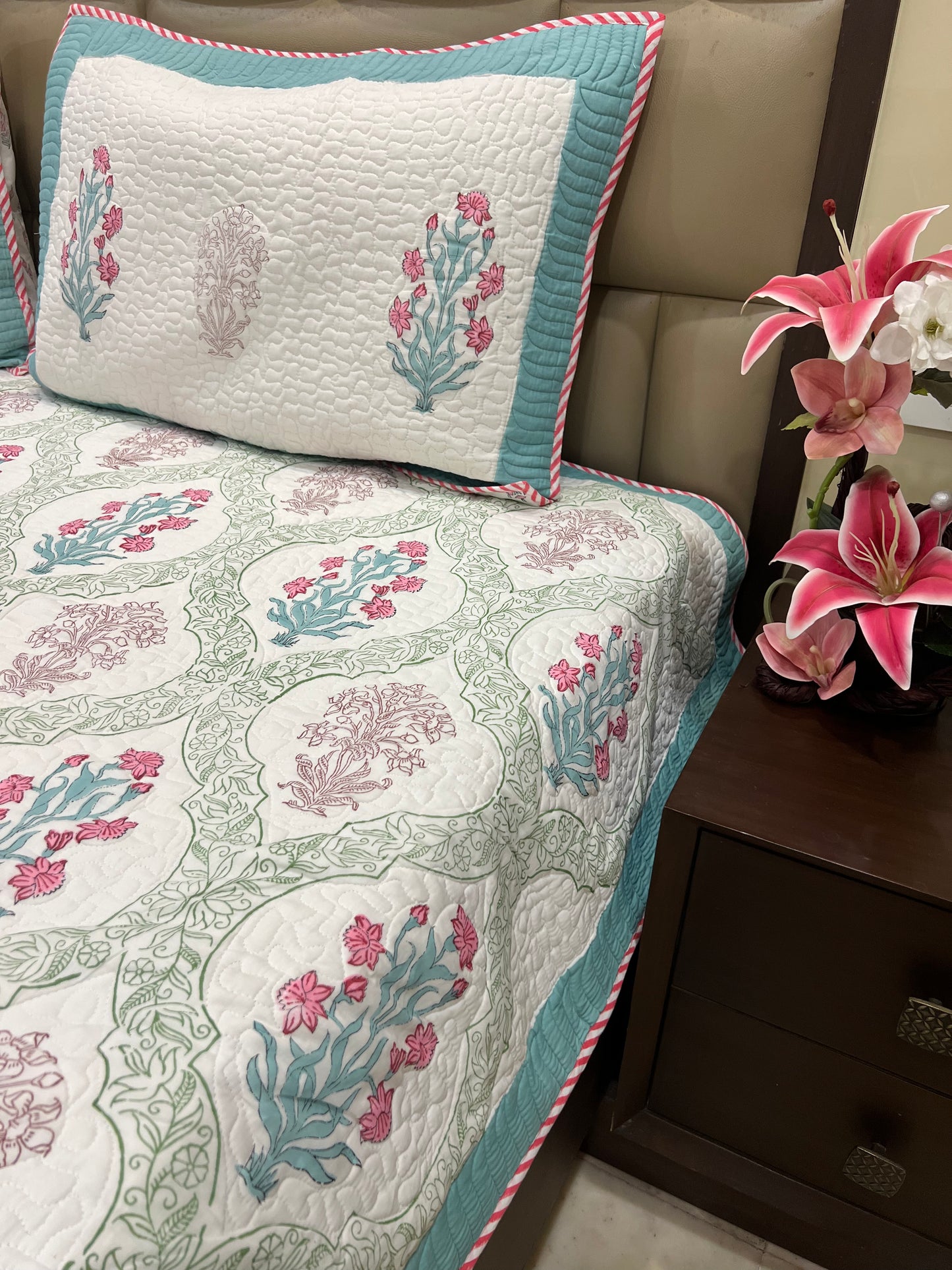 Handblock Reversible Quilted Bedcover 3pc Set