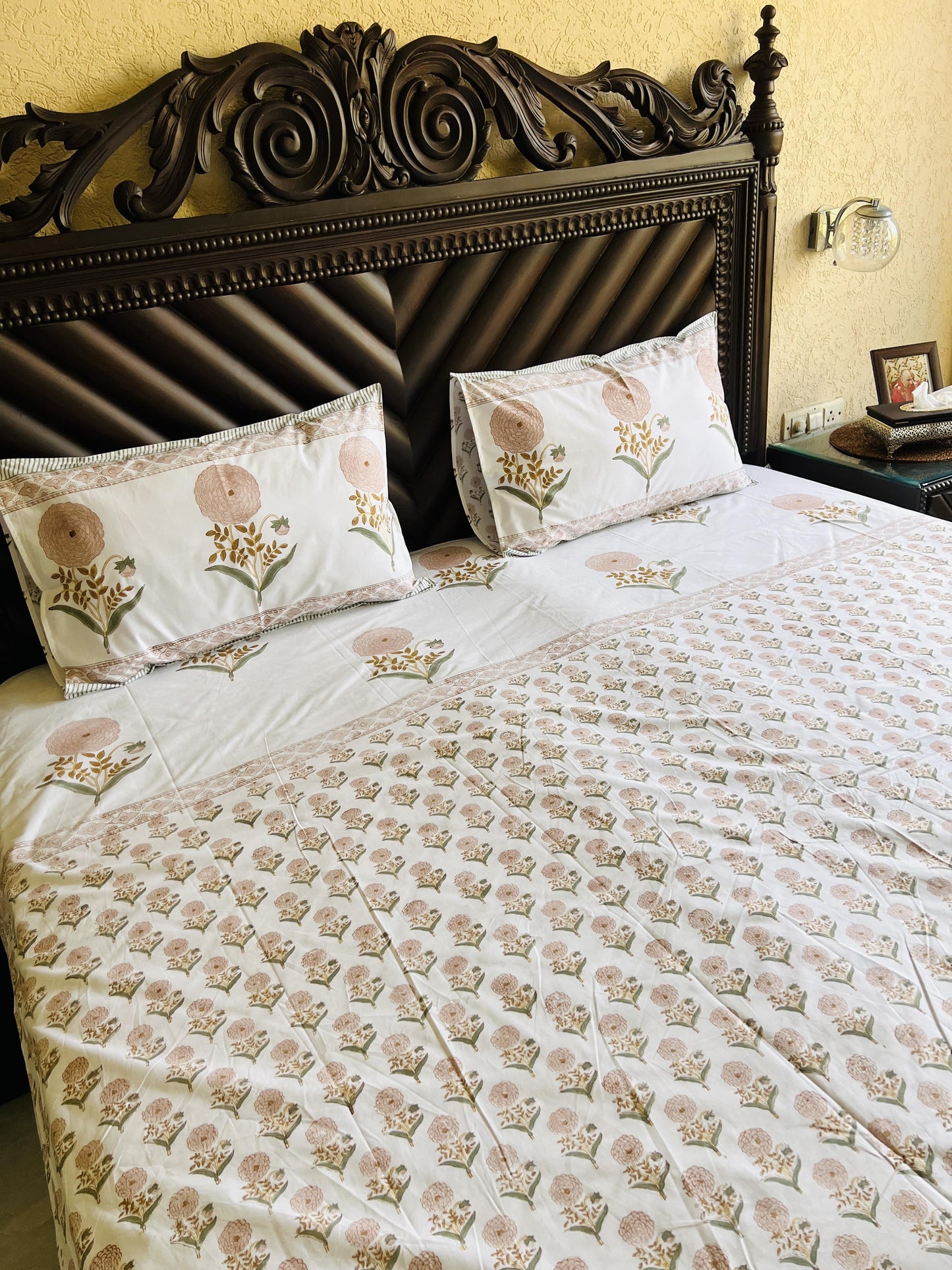 Pink Marigold Handblock Bedsheet