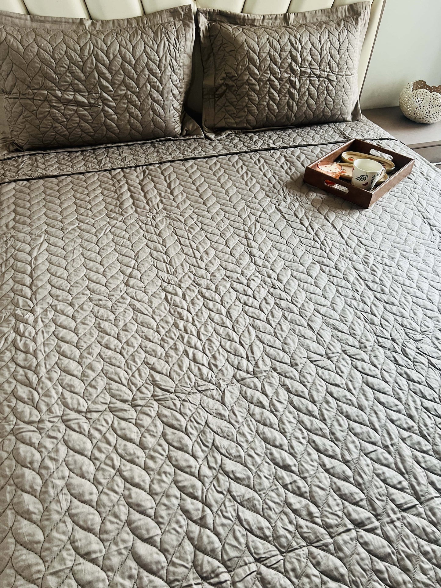 Leafy King Size Quilted Bedcover 3pc Set