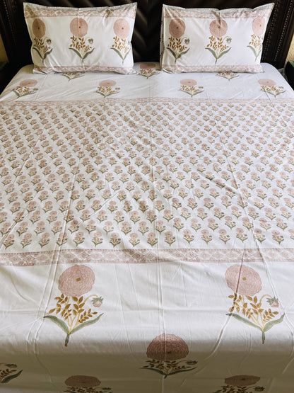 Pink Marigold Handblock Bedsheet