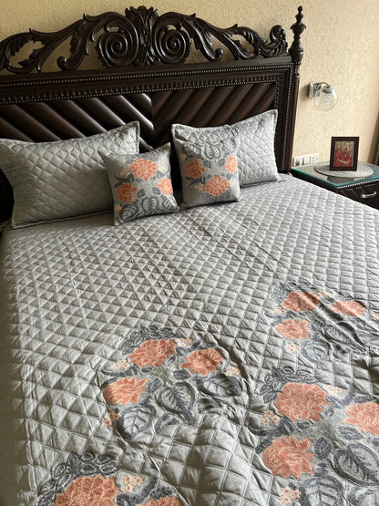 Rosaline Pearl Grey Embroidered Luxury Bedcover Set
