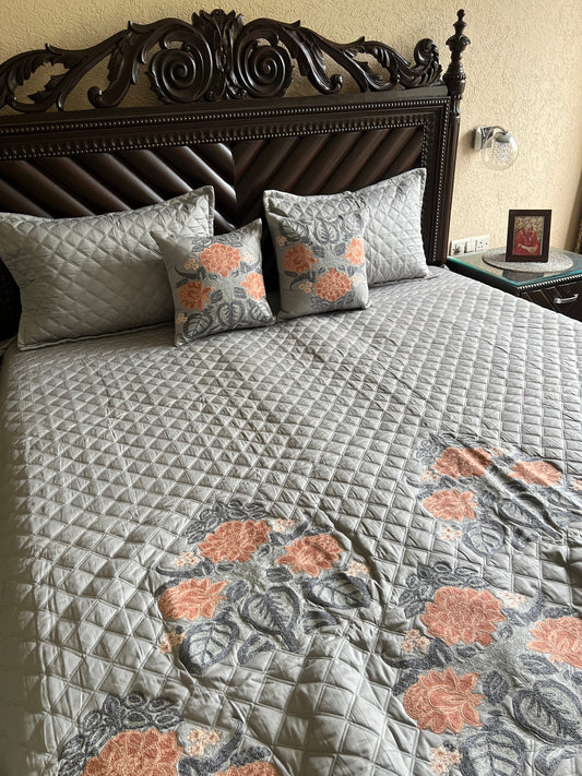 Rosaline Pearl Grey Embroidered Luxury Bedcover Set