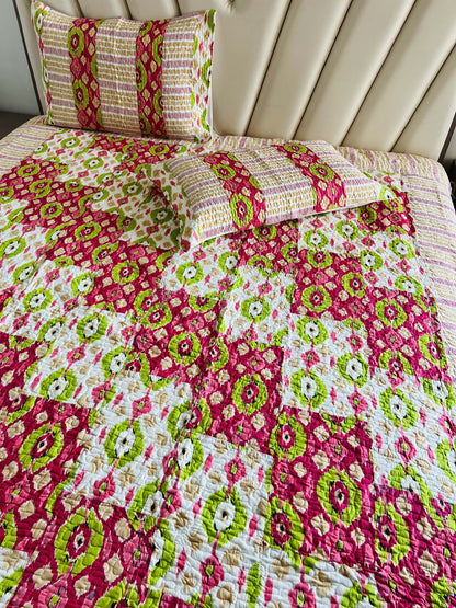 Pink Ikkat Quilted Bedcover 3pc Set