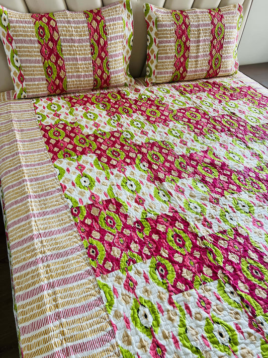 Pink Ikkat Quilted Bedcover 3pc Set