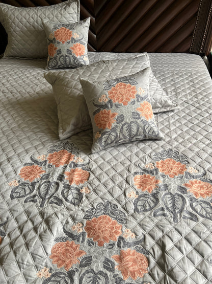 Rosaline Pearl Grey Embroidered Luxury Bedcover Set