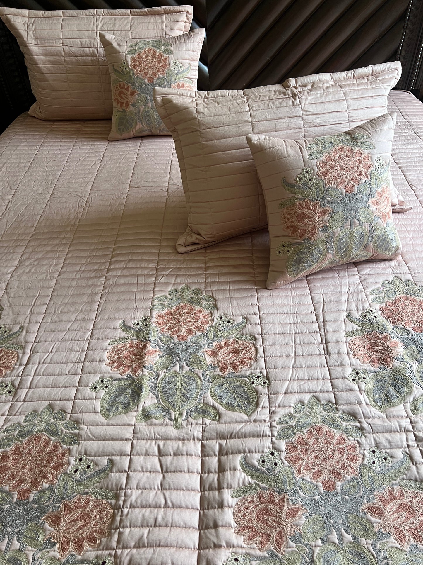Rosaline Blush Pink Embroidered Luxury Bedcover Set