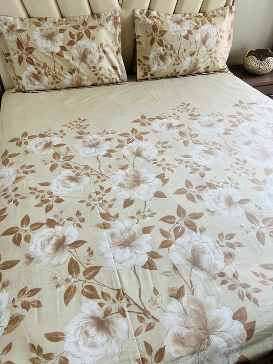 Beige Floral King Size Printed Bedsheet