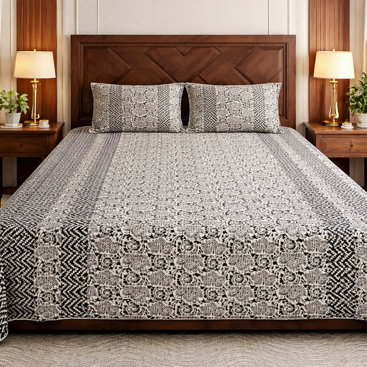Black & Beige Quilted Bedcover 3pc Set