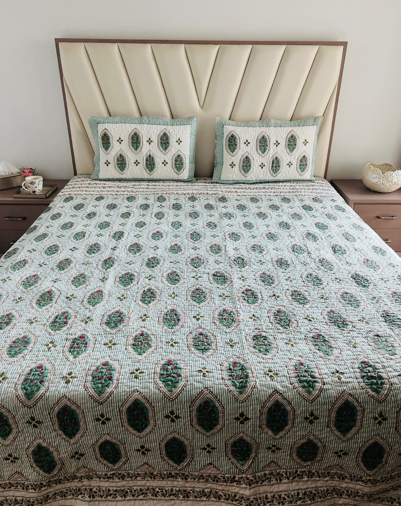 Teal Hexagon Handblock Bedcover