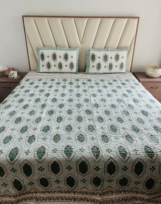 Teal Hexagon Handblock Bedcover