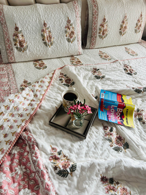 Pink Floral Handblock Reversible Quilt