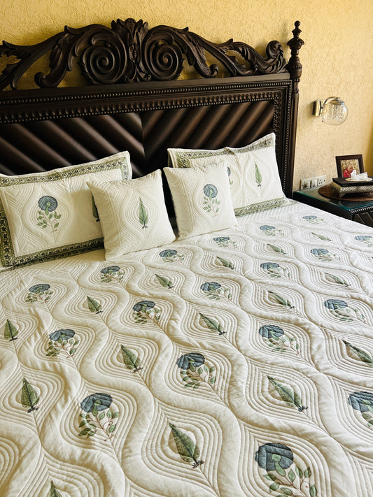 Blue & Green Cypress Quilted Bedcover 5pc Set