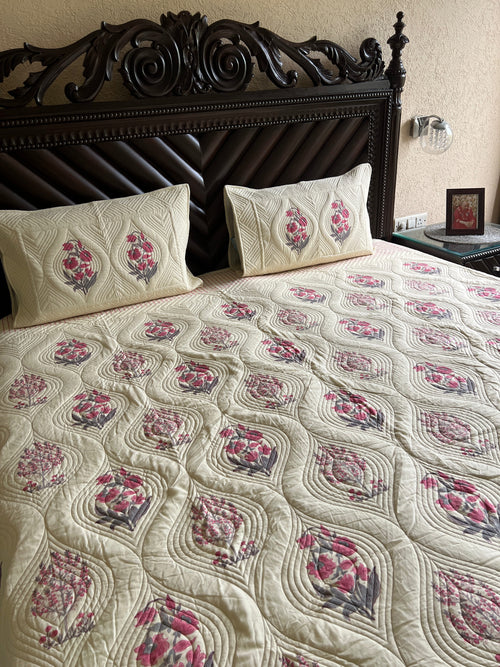 Wild Peony King Size Quilted Bedcover 3pc Set