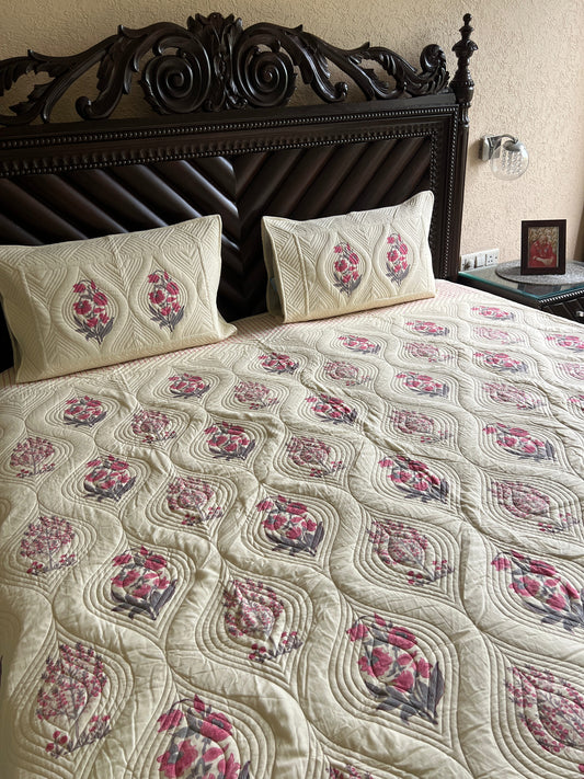 Wild Peony King Size Quilted Bedcover 3pc Set