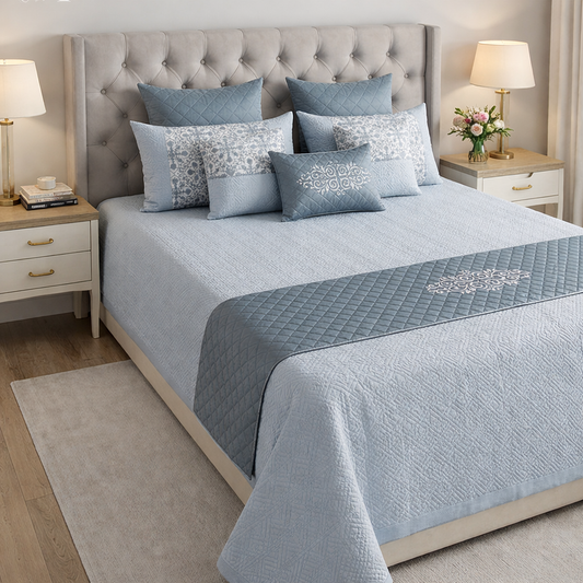 Baby Blue Luxury Quilted 9pc Bedcover Set