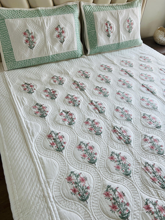 Jaal Handblock King Size Quilted Bedcover 3pc Set