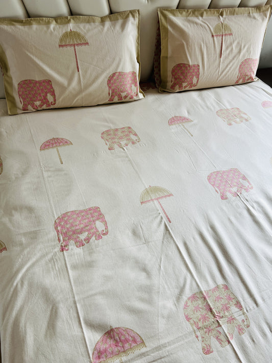 Beige Pink Elephant Handblock Bedsheet