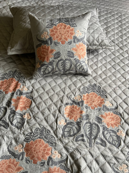 Rosaline Pearl Grey Embroidered Luxury Bedcover Set