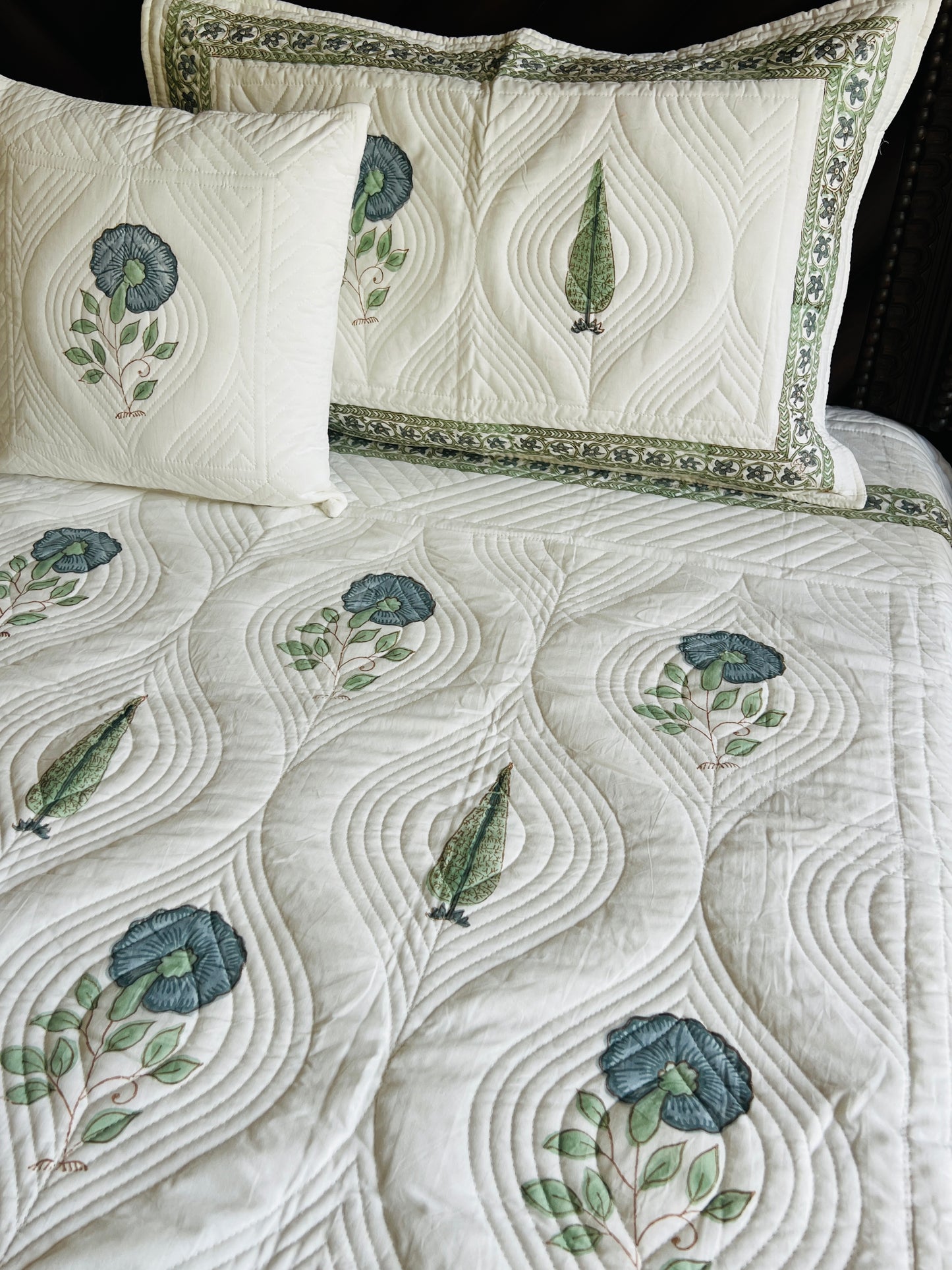 Blue & Green Cypress Quilted Bedcover 5pc Set