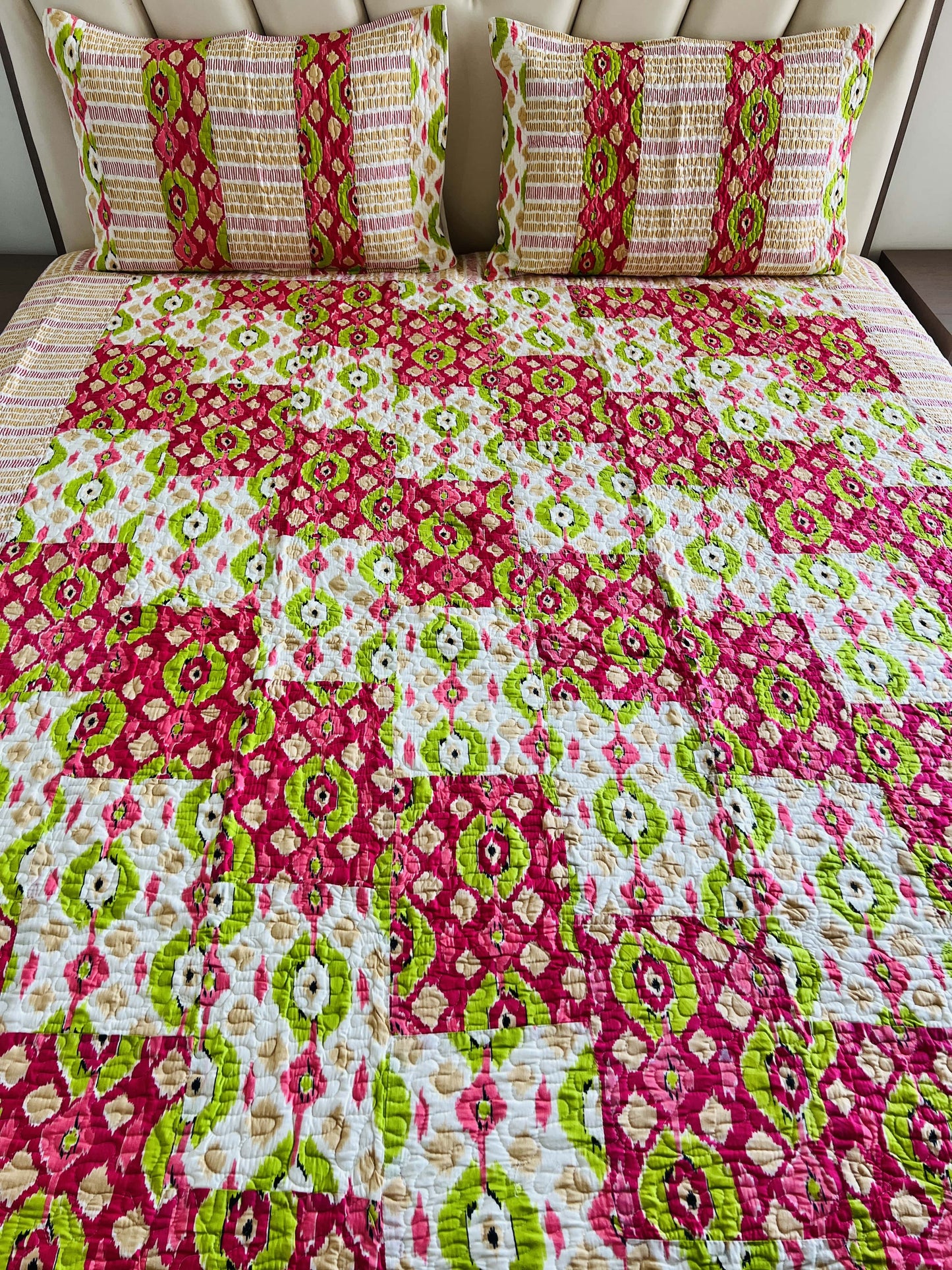 Pink Ikkat Quilted Bedcover 3pc Set