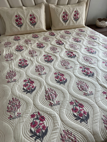 Wild Peony King Size Quilted Bedcover 3pc Set
