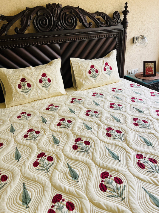 Floral King Size Quilted Bedcover 3pc Set