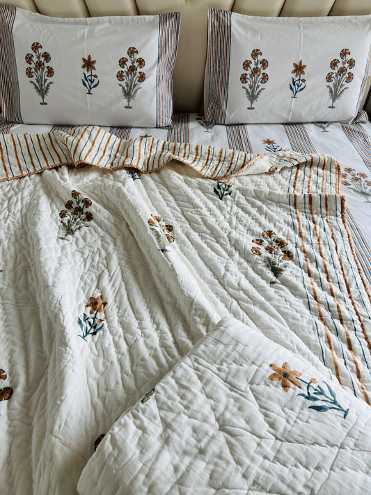 Mustard Stripes Handblock Reversible Quilt