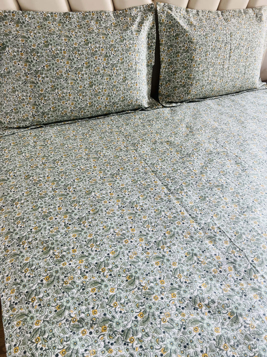 Green Small Flowers King Size Printed Bedsheet