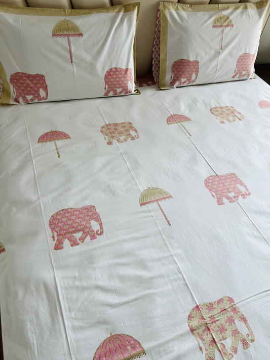Pink Elephant Handblock Bedsheet