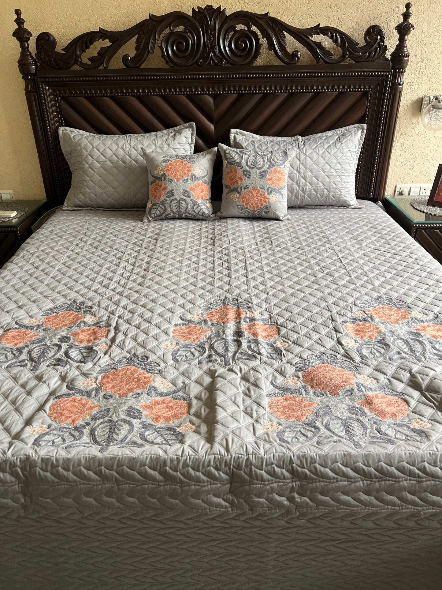 Rosaline Pearl Grey Embroidered Luxury Bedcover Set