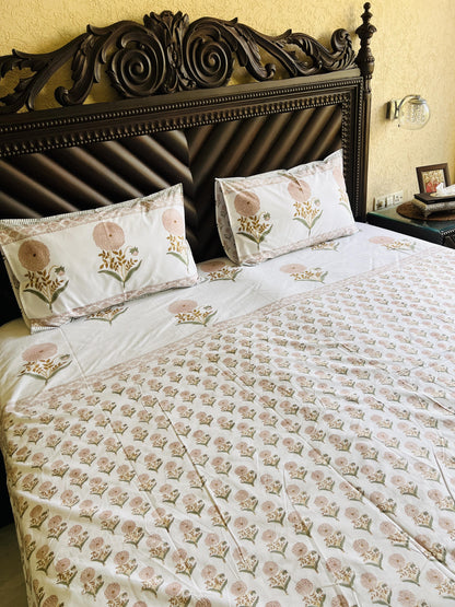 Pink Marigold Handblock Bedsheet
