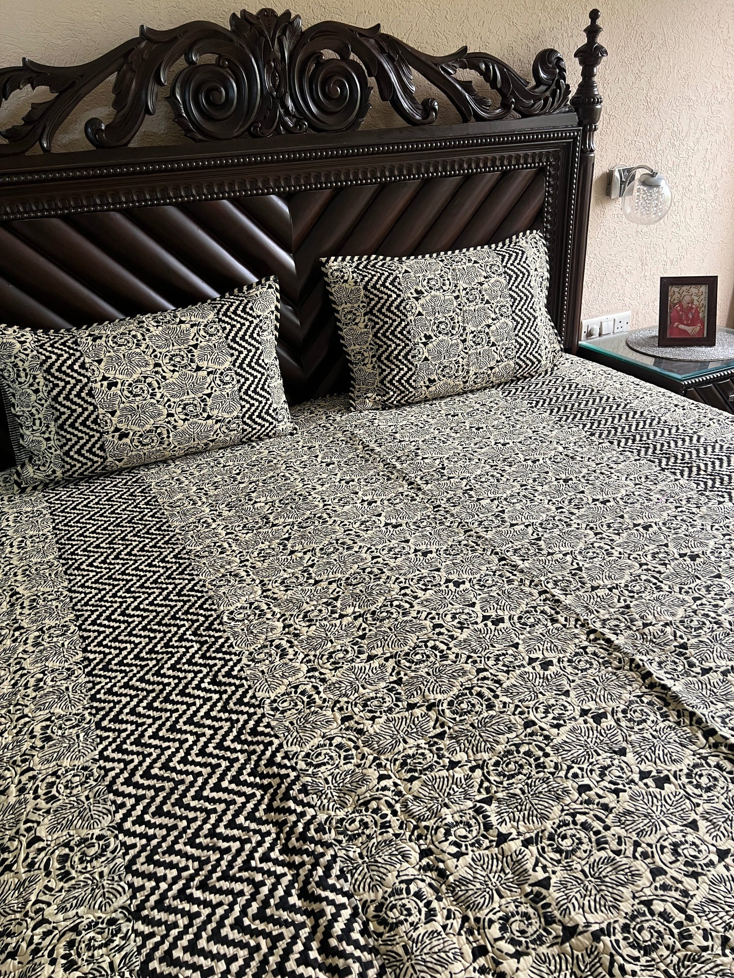 Black & Beige Quilted Bedcover 3pc Set